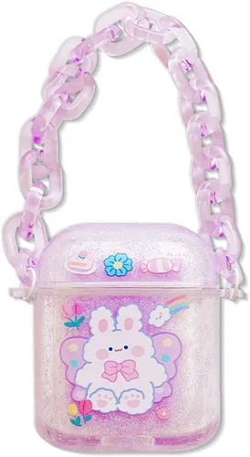 Miniatura 9 de Funda transparente compatible con AirPods 1 y 2, hermoso diseño de lazo colorido con pulsera de perlas de lujo, ultrafina, funda protectora de RosaA