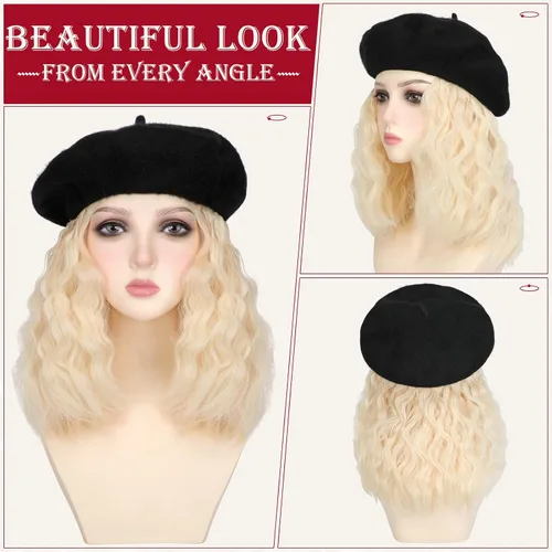 Miniatura 2 de Boinas con extensiones de cabello, gorra clásica elástica de lana francesa sólida adjunta, corto y rizado, peluca sintética para mujer, rubio