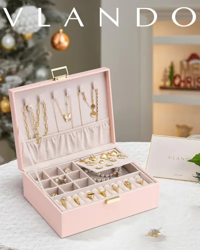 Miniatura 2 de Vlando Joyero de 2 capas grande organizador de joyas para mujeres, bandeja de joyería extraíble para collares, aretes, anillos, pulseras, cajas