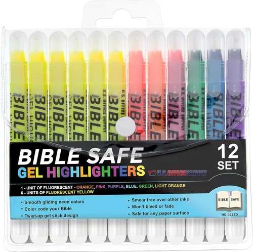 U.S. Office Supply - Juego de 12 resaltadores seguros para la Biblia, 6 colores amarillo neón y 6 colores adicionales, marcadores de Biblia seca que