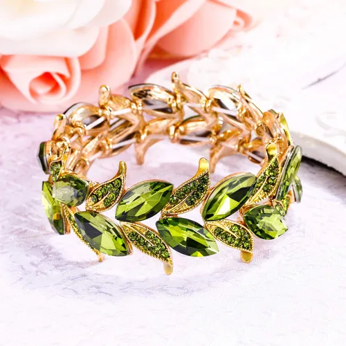 Miniatura 4 de BriLove Pulsera brazalete elástica de hoja con forma de marquesa de cristal nupcial de boda para mujer