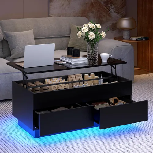 Miniatura 15 de HOMMPA - Mesa de café con tapa elevable de 40" con almacenamiento, mesa de centro LED moderna de alto brillo para sala de estar, mesa de té moderna