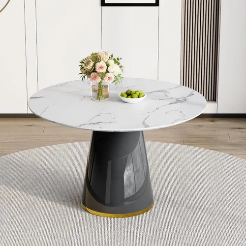 Miniatura 14 de Mesa de comedor redonda de 45 pulgadas, moderna mesa de madera de imitación de mármol, mesa gruesa y espaciosa con base de pedestal, fácil