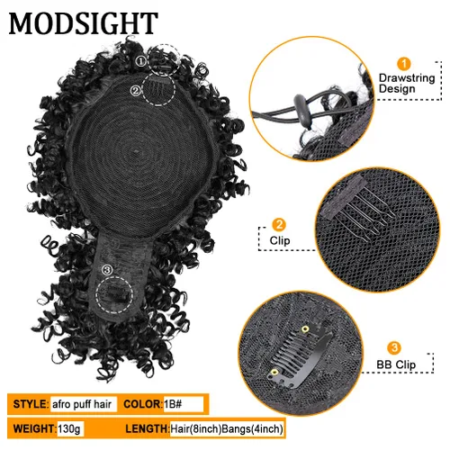 Miniatura 5 de MODSIGHT Cola de caballo afro hinchada con cordón y flequillo, moño de cola de caballo rizada crespa negra con flequillo, postizos para peinados