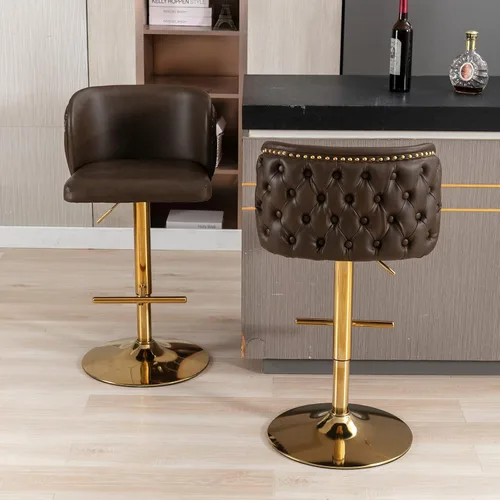 Miniatura 4 de Juego de 2 taburetes de bar giratorios modernos de altura de mostrador, sillas ajustables de piel sintética, taburetes de bar de cocina marrón