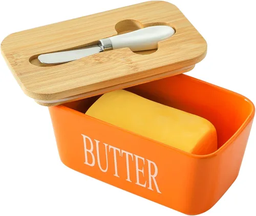 Miniatura 11 de Hasense Mantequillera de porcelana con tapa de bambú – Mantequera cubierta con cuchillo de mantequilla para encimera, recipiente hermético