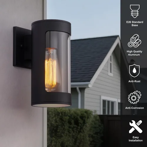 Miniatura 2 de Cerdeco Luces de pared negras para exteriores, luz cilíndrica de aluminio para porche con vidrio transparente, apliques de pared modernos