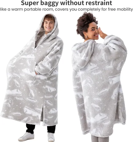 Miniatura 2 de Winthome Manta con capucha larga con cremallera para adultos, mujeres y hombres, forro polar sherpa de gran tamaño, acogedor, mullido, cálido, Gris