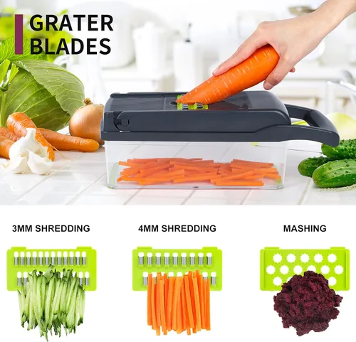 Miniatura 9 de Cortador de verduras con mandolina, picador de verduras, multifuncional 10 en 1, cortador de verduras de cocina, picador de cebolla, queso, cesta
