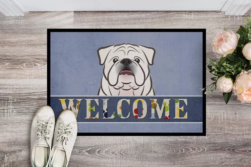 Miniatura 2 de Caroline's Treasures BB1406MAT - Tapete de bienvenida de bulldog inglés blanco de 18 x 27 pulgadas, tapete azul para puerta delantera, para Bulldog