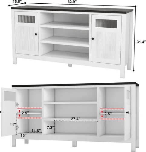 Miniatura 2 de Gabinete de buffet acanalado en blanco y negro: gabinete de aparador de madera de 63 "para sala de estar, mesa de acento moderna con almacenamiento