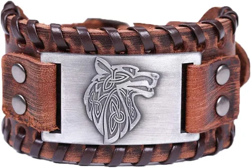 HAQUIL Pulsera vikinga wicca egipcia negra marrón ancha de cuero pulsera antigua medieval joyería regalo para hombres