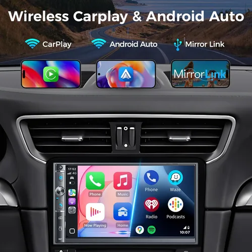 Miniatura 2 de Estéreo de auto de doble DIN de 7 pulgadas, Apple Carplay inalámbrico y Android Auto, pantalla táctil HD, Bluetooth, 240W, SWC, salida de subwoofer