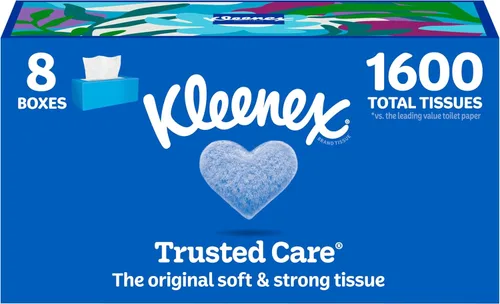 Kleenex Trusted Care - Pañuelos faciales, 8 cajas planas, 200 pañuelos por caja, 2 capas, el embalaje puede variar
