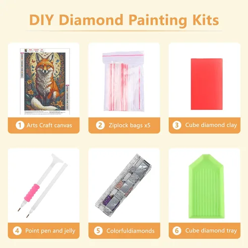 Miniatura 6 de SENQAO Kits de pintura de diamantes de zorro para adultos, kit de arte de diamantes de zorro redondo completo, pintura de diamantes 5D, pintura