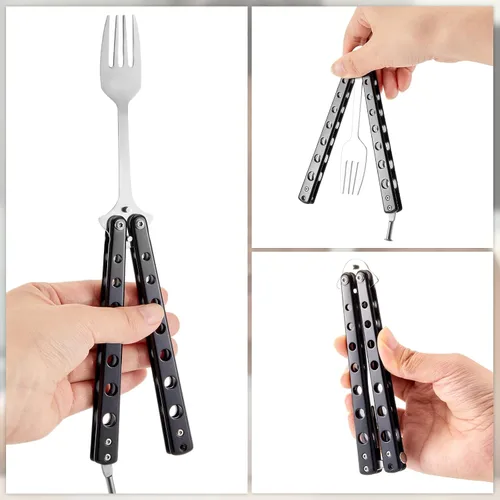 Miniatura 4 de Flutesan Juego de 2 Piezas de Tenedor y Cuchara Mariposa, Cuchara Táctica Mariposa Plegable de Acero Inoxidable Conjunto de Utensilios Spork
