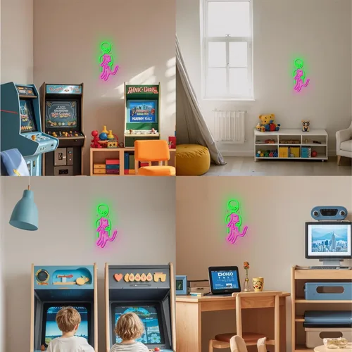 Miniatura 7 de ineonlife Letrero de neón de gato alienígena gracioso, letreros de neón en verde y rosa, artículos de gato alienígena para pared, cueva de hombres
