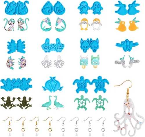 Mega Pet 11 piezas de moldes de silicona para colgantes de animales, moldes de resina para hacer aretes con anillos abiertos, ganchos para aretes,