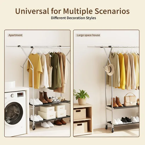 Miniatura 6 de HAPPY CHEERS Perchero de ropa resistente, perchero de doble barra para colgar ropa, estantes de ropa rodantes con ruedas, perchero de metal