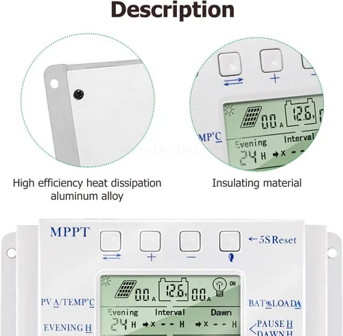 Miniatura 4 de MPPT T-10 Controlador de carga solar de 12 V 24 V para entrada máxima de 48 V con pantalla LCD, controlador de carga MPPT compatible con PWM