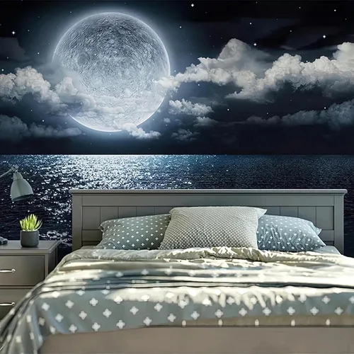 Papel tapiz fotográfico grande 3D de luna brillante en el mar, murales de pared con vista nocturna de cielo nocturno, papel tapiz mural para sala de