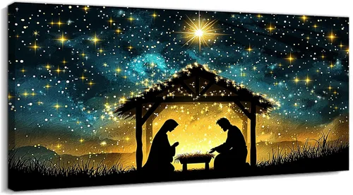 TIMUBA Arte de pared de pesebre navideño, impresiones en lienzo de belén, imagen de póster cristiano de Jesús de noche estrellada, pintura de