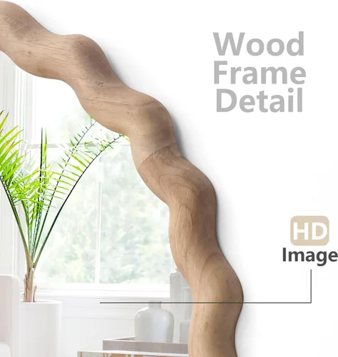 Miniatura 3 de Espejo de pared irregular, espejo redondo de madera, espejo de tocador único, espejo de baño moderno de madera natural de 18 pulgadas para baño