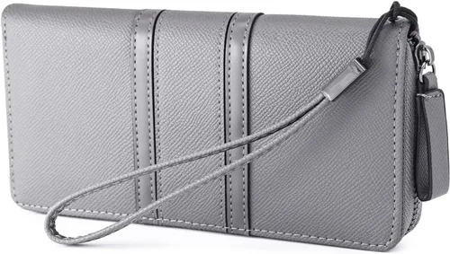 Miniatura 2 de Carteras con cremallera para mujer, de gran capacidad, cartera larga para chequera, cartera de mano con correa para la muñeca, Gris, Classic