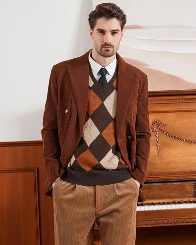 Miniatura 5 de Kallspin Suéter tipo chaleco con rombos para hombre, mezcla de lana, cuello en V, sin mangas