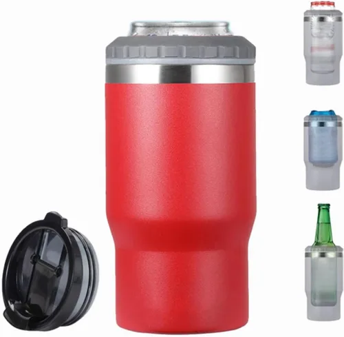Miniatura 10 de Enfriador de latas de acero inoxidable de 14 oz, 4 en 1, con aislante para botellas de cerveza de 12 oz, con 2 tapas, enfriador térmico aislado