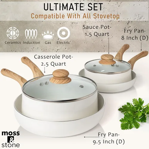 Miniatura 3 de Moss & Stone Juego de 6 Piezas de Utensilios de Cocina Antiadherentes Blancos, Juego de Ollas y Sartenes Antiadherentes con Tapa de Cristal, 6