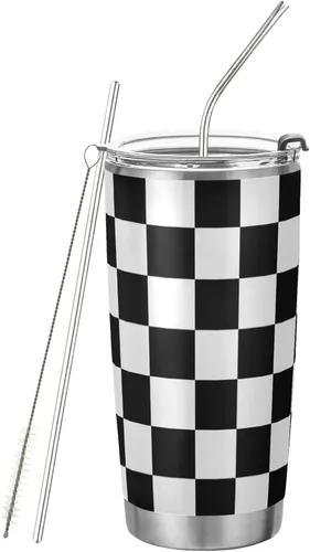 CaTaKu Vaso de carreras con bandera a cuadros de 20 onzas con tapa y pajita, acero inoxidable a cuadros en blanco y negro, aislado al vacío, taza de