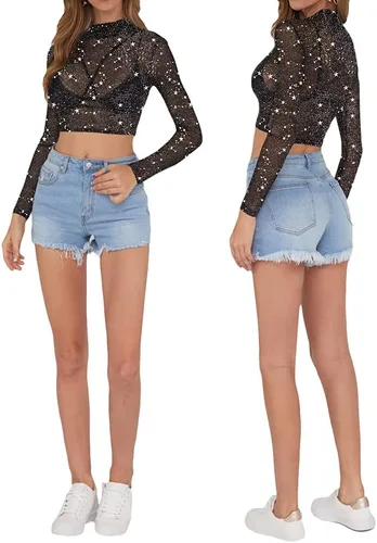 Miniatura 5 de MANGOPOP Women's Short Sleeve Long Sleeve Sheer Mesh Crop Tops Tee Shirt Blouse