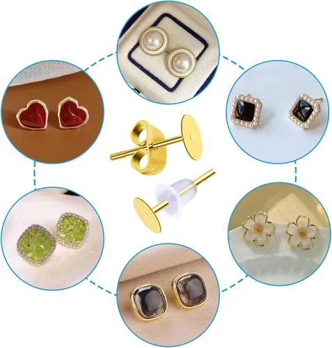 Miniatura 6 de TOAOB - 300 postes y respaldos de aretes de acero inoxidable dorado, hipoalergénicos, de 0.197 in, con goma transparente y parte trasera de aretes
