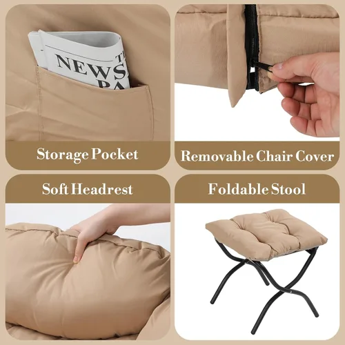 Miniatura 9 de Athena Collection Silla perezosa con otomana, sofá de salón, silla tapizada con reposapiés plegable, silla de lectura con bolsillo lateral y Beige