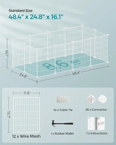 Miniatura 7 de SONGMICS Corralito para mascotas, jaula de animales pequeños, valla para mascotas con bridas para cables, recinto de metal para conejillos de Blanco