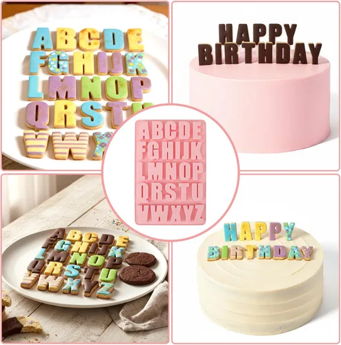 Miniatura 3 de Moldes de letras de silicona rosa, molde del alfabeto de 26 cavidades para chocolate, moldes de chocolate A-Z letras para pasteles, cubitos