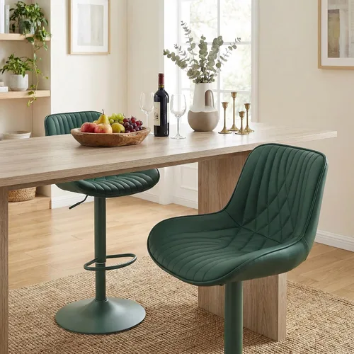 Miniatura 3 de YOUTASTE Juego de 2 taburetes de bar de piel sintética, todos los taburetes de bar tapizados de color verde oscuro con respaldo, silla giratoria