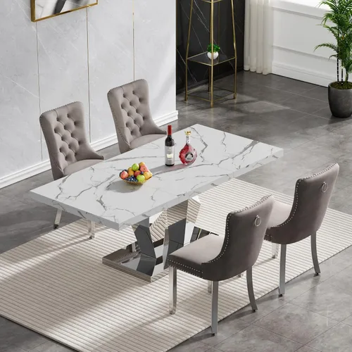 Miniatura 32 de Juego de mesa de comedor de mármol sintético, 7 piezas, juego de mesa de cocina y comedor para 6, mesa de comedor rectangular blanca de 70 pulgadas