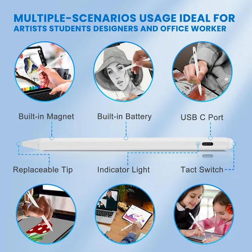 Miniatura 3 de Lápiz capacitivo para iPad de 6ª/7ª/8ª/9ª/10ª generación con rechazo de palma, recargable tipo C, punta fina de 0.069 pulgadas, compatible con Apple