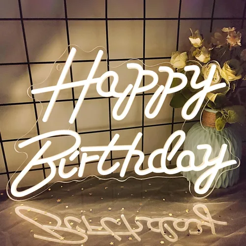 Miniatura 11 de Letreros de neón de feliz cumpleaños para decoración de fiesta, luz de neón de cumpleaños LED regulable para decoración de pared, letreros de neón