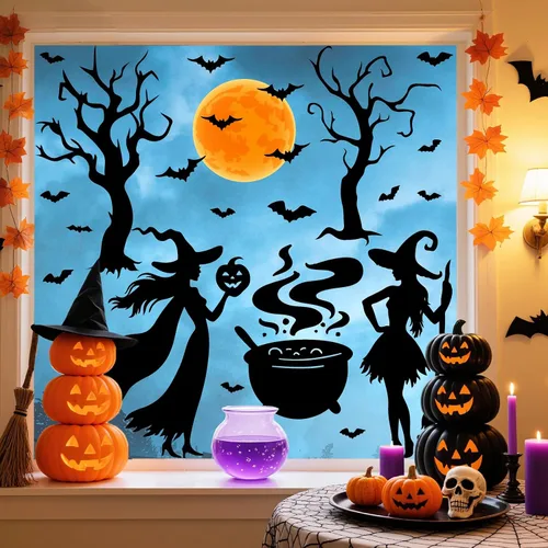 Miniatura 6 de Calcomanías de Halloween para ventana, calcomanías de brujas negras, calcomanías de pared de Halloween, murciélagos de árbol negro, murales de arte