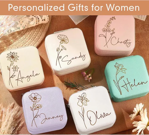 Miniatura 2 de DayOfShe Joyero de viaje personalizado con nombre y flor de nacimiento, regalos personalizados de dama de honor para mujeres, estuche de joyería