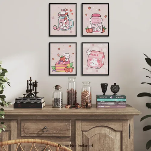 Miniatura 6 de Decoración de pared de anime japonés Kawaii para comedor, bonita decoración de cocina rosa, carteles estéticos de conejo y fresa, impresiones