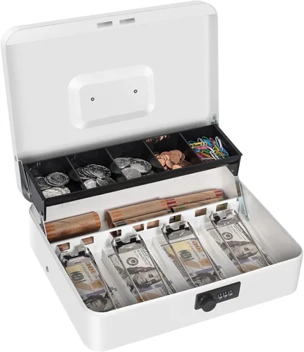 Miniatura 17 de Caja de efectivo con cerradura de combinación, caja de dinero de metal para caja registradora, caja de seguridad grande para dinero 11.8 x 9.4 x