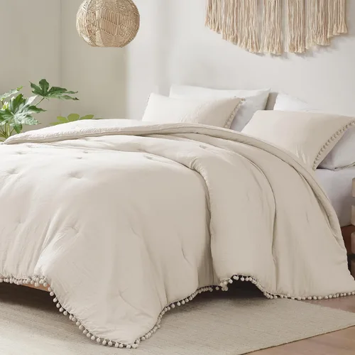 Miniatura 2 de Codi Juego de edredón beige tamaño King, ropa de cama bohemia chic con elegantes flecos de pompones, juego de lujo de 3 piezas de microfibra lavada