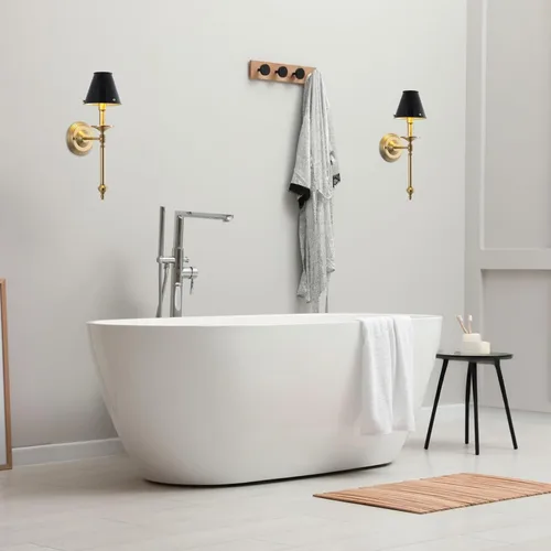 Miniatura 7 de Aplique de pared moderno industrial de mediados de siglo para baño, luz de tocador de latón cepillado con marco acabado y pantalla de metal negro