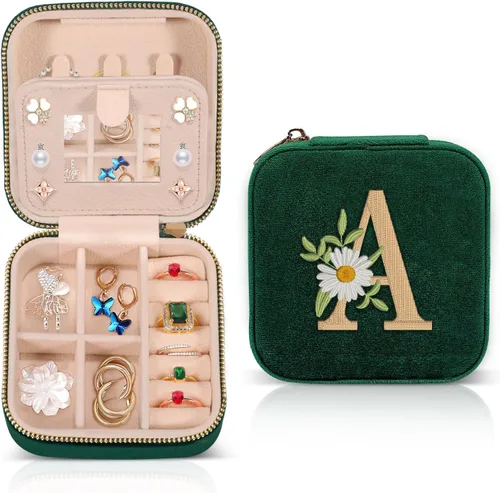 GSPY Joyero de viaje de terciopelo, estuche de viaje pequeño, joyero personalizado con inicial, organizador de joyas de viaje, regalos de monograma,
