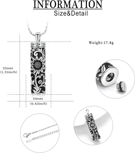 Miniatura 45 de Collar de urna de girasol para cenizas, collar de barra cilíndrica para cenizas para mujer, colgante de recuerdo para cenizas, joyería de cremación