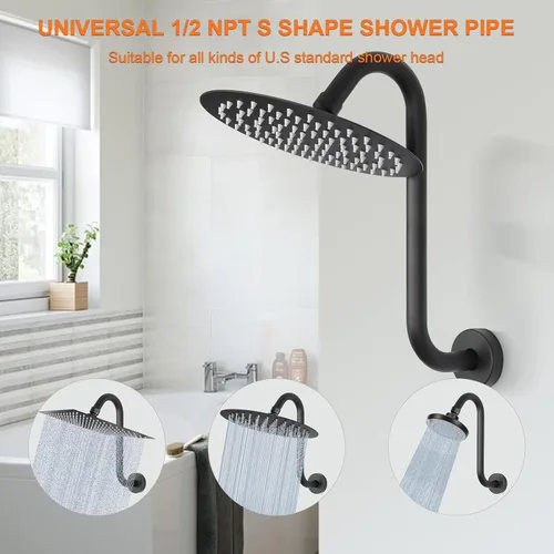 Miniatura 3 de Brazo de ducha en forma de S, tubo de extensión de cabezal de ducha de altura alta, conexión estándar de 1/2 pulgada con brida, impresionante Negro